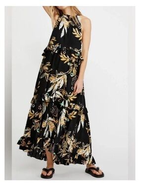 Free People Anita printed Halter Maxi Dress with Yellow & Cream Leaves